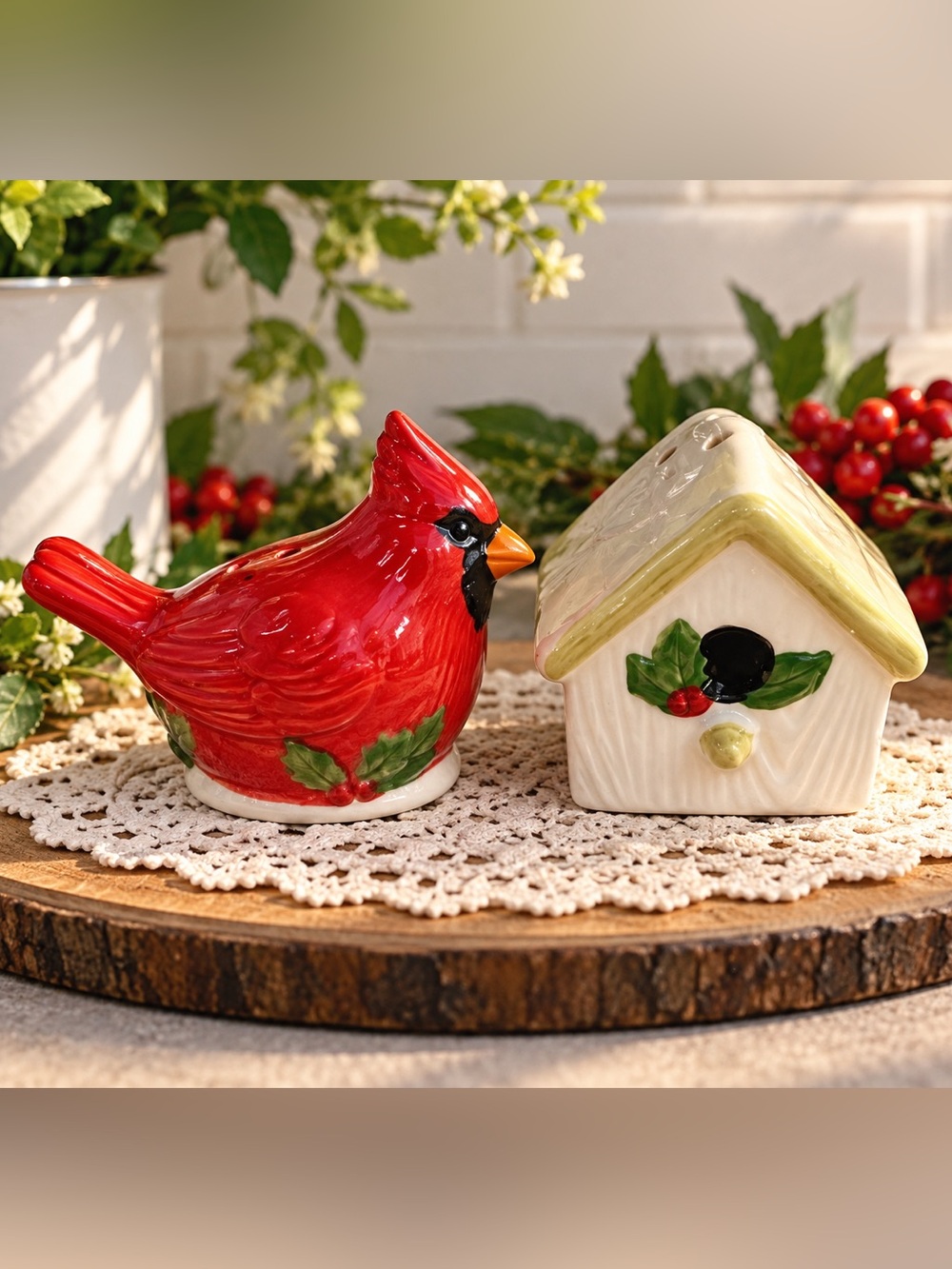 LANG Jane Shasky Cardinal Birdhouse Salt Pepper Shakers Christmas NIB